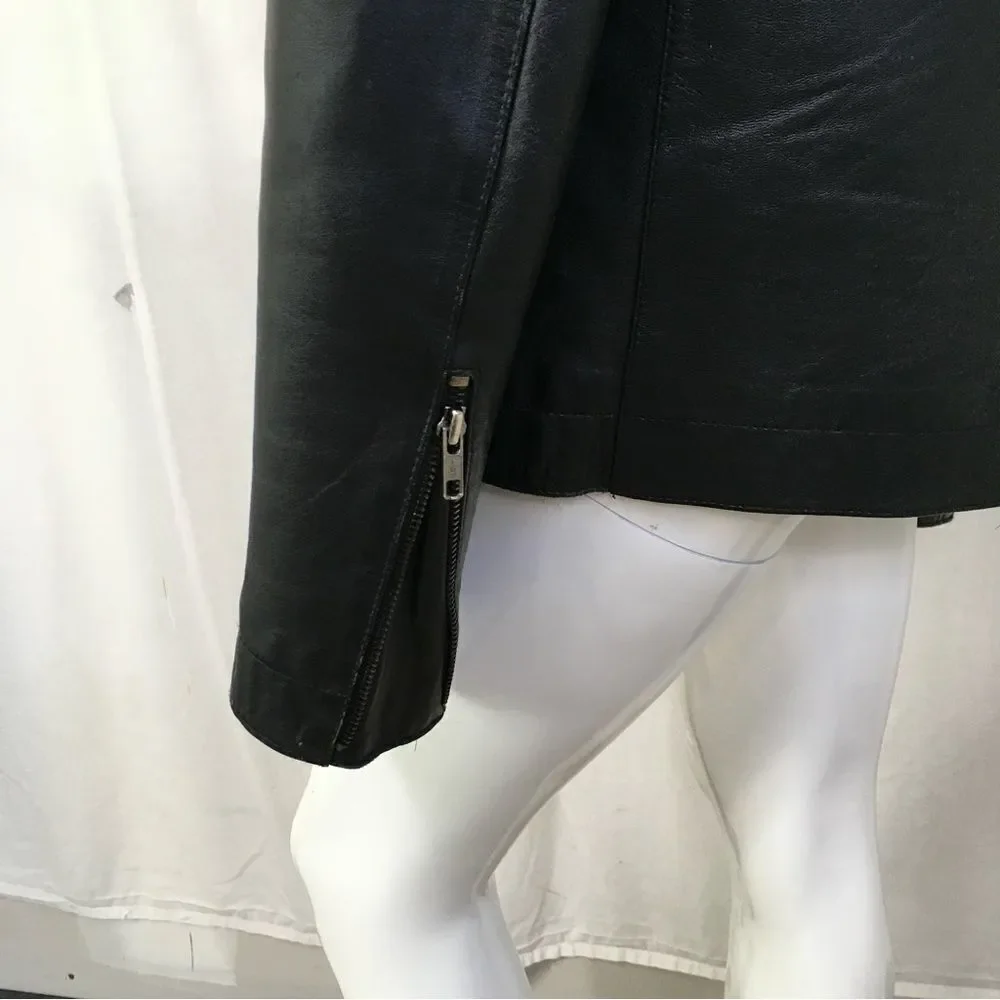INC Black 100% Genuine Leather Center Zipper Motorcycle Jacket L